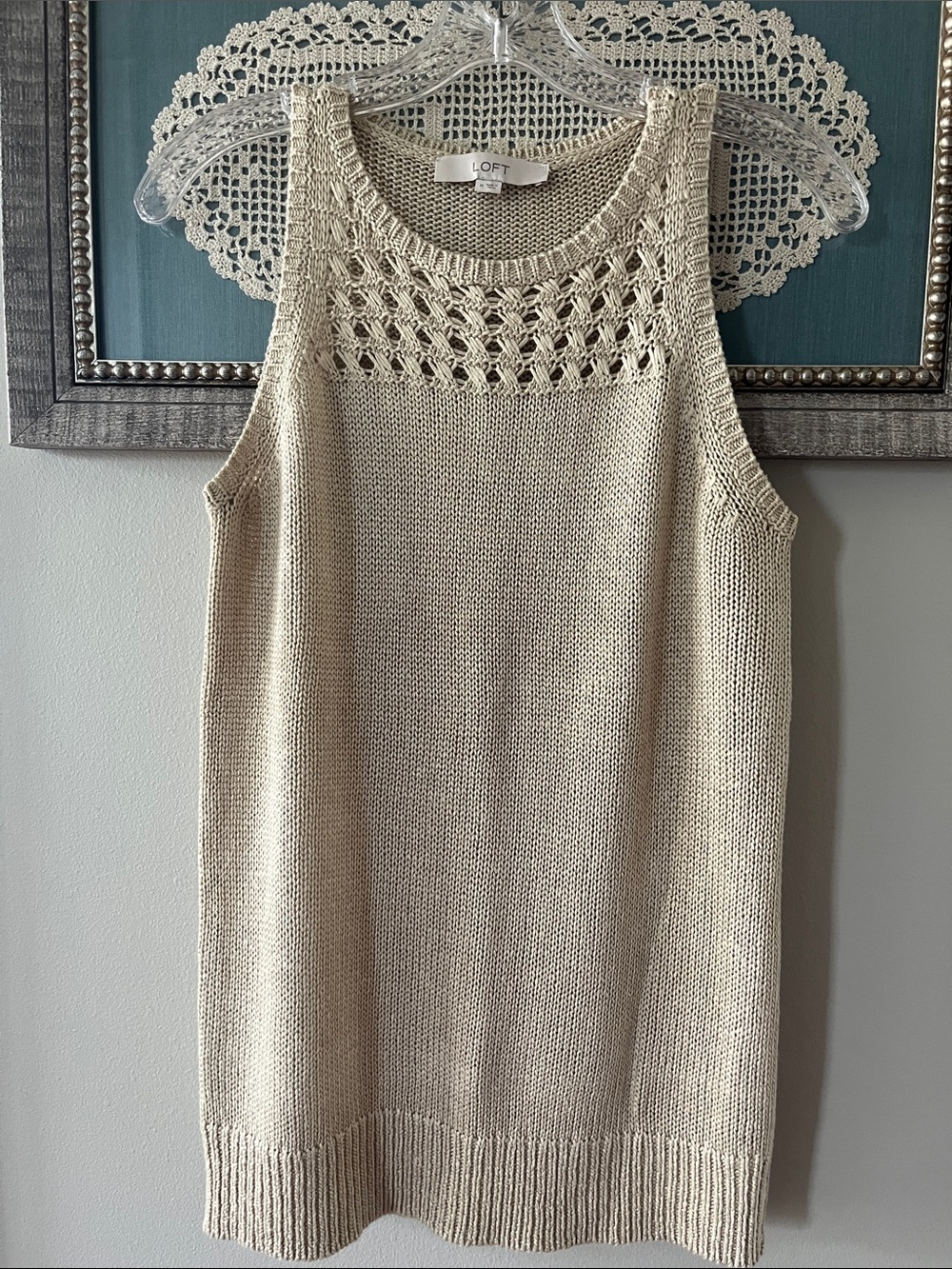 LOFT Beige Open-Knit Sleeveless Tank Sweater